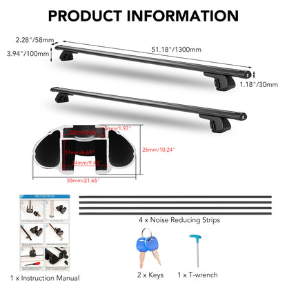 Universal Roof Rack Cross Bars, 2Pcs 51" Aluminum, 330 lbs, Adjustable with Locks for Suv/Car Cargo Carrier Rails, Black