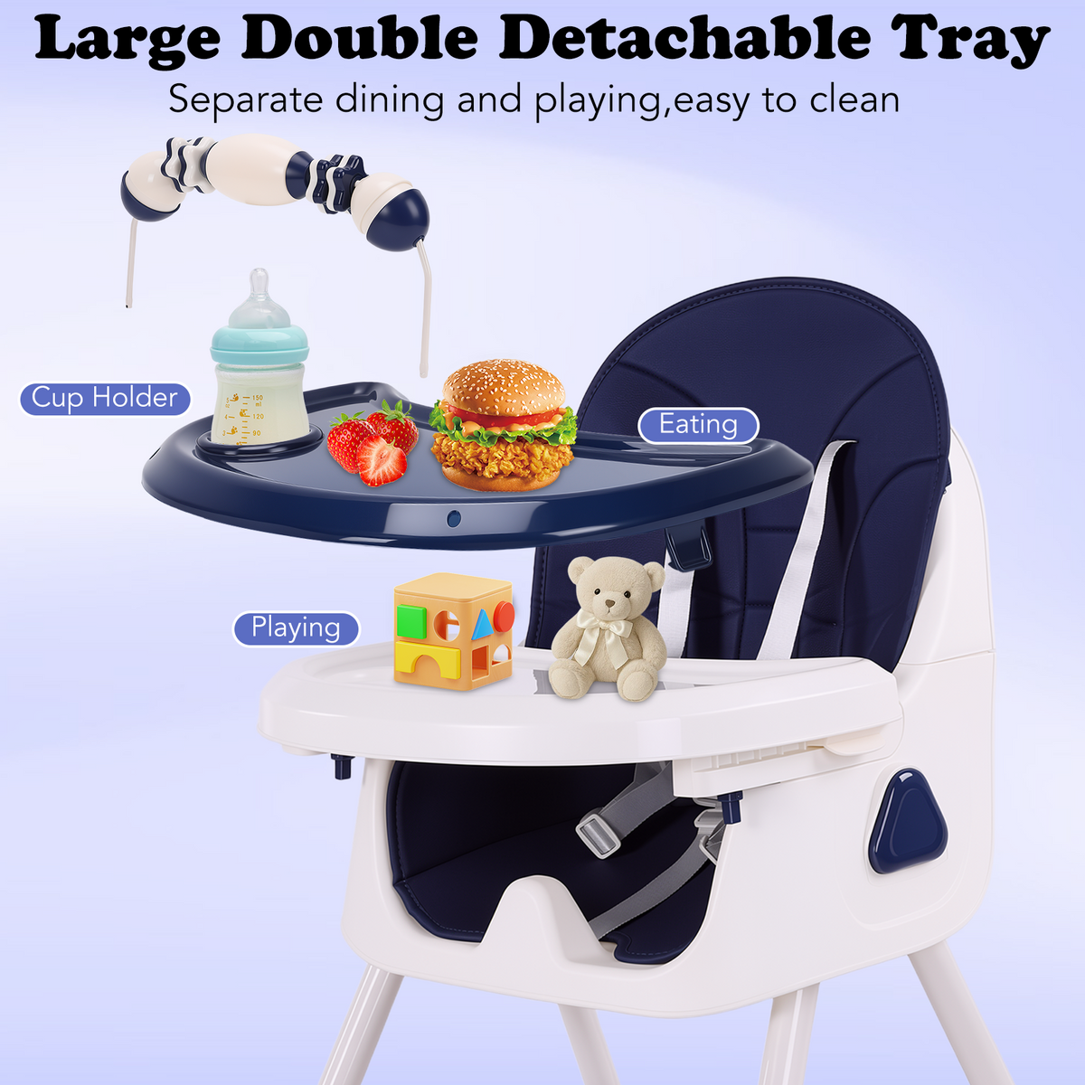 Baby High Chair, Convertible 6 in 1 Feeding Chairs for Babies and Toddlers, Foldable Baby Highchair, Adjustable Dining Tray, Backrest & Height, Blue