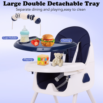 Baby High Chair, Convertible 6 in 1 Feeding Chairs for Babies and Toddlers, Foldable Baby Highchair, Adjustable Dining Tray, Backrest & Height, Blue