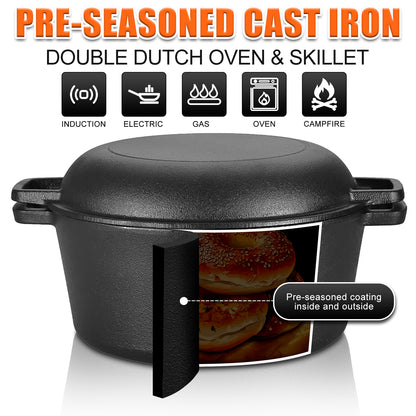 5.5QT Pre-Seasoned Cast Iron Dutch Oven with Lid, Ideal for Bread Baking, Sourdough, Frying, BBQ & Camping - Dual Handles, Skillet Pan Set for Indoor & Outdoor Use