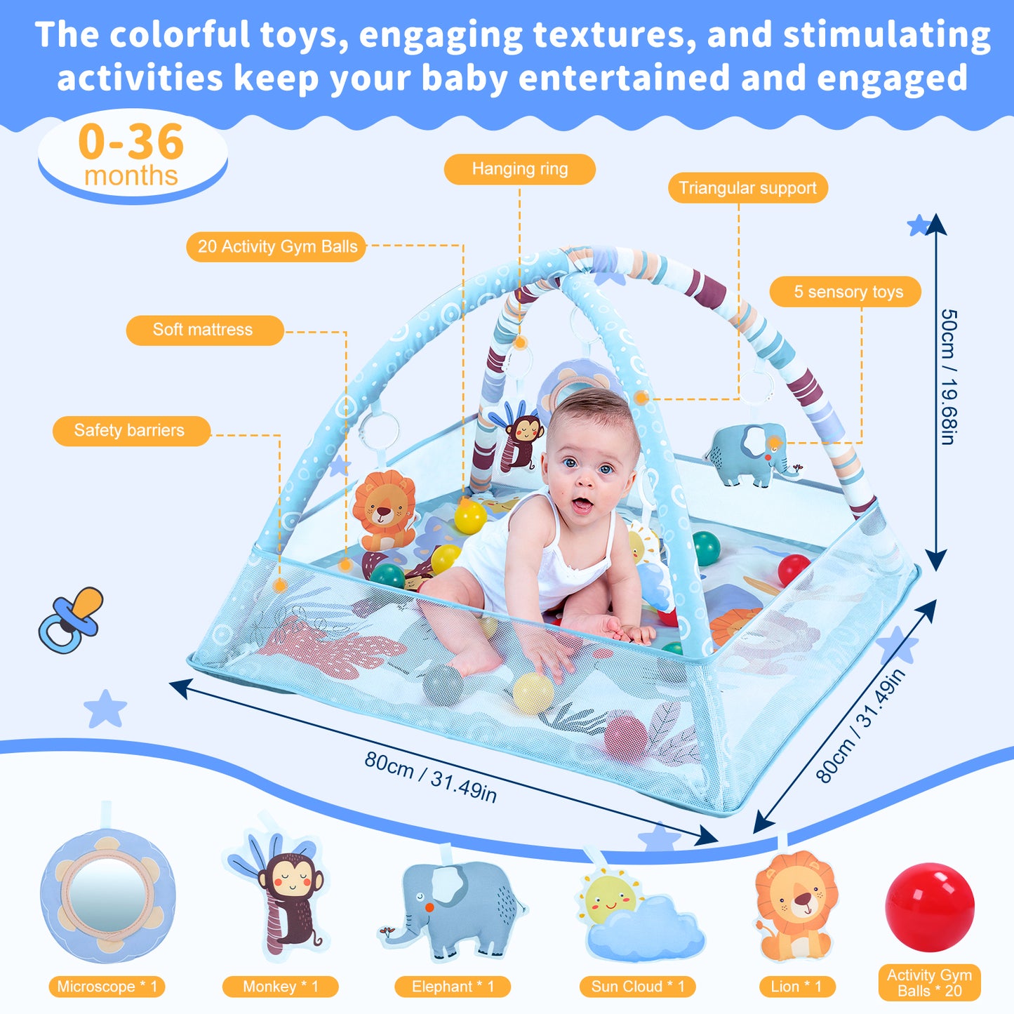 Baby Gym Mat 3 in 1 Tummy Time Baby Activity Gym with 5 Sensory Toys, Ocean Balls, Floor Crawling Mat for Newborn Toddlers
