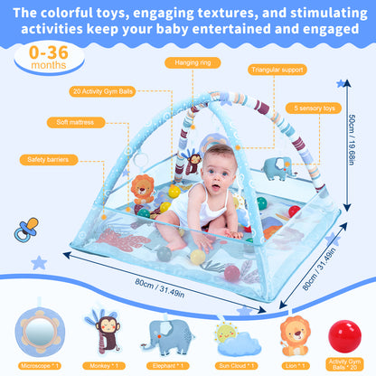 Baby Gym Mat 3 in 1 Tummy Time Baby Activity Gym with 5 Sensory Toys, Ocean Balls, Floor Crawling Mat for Newborn Toddlers