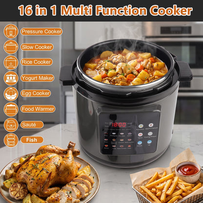 5.5QT Electric Pressure Cooker, 16-in-1 Multi Cooker Rice Cooker Slow Cooker Sauté Steamer, Stainless Steel, Gray