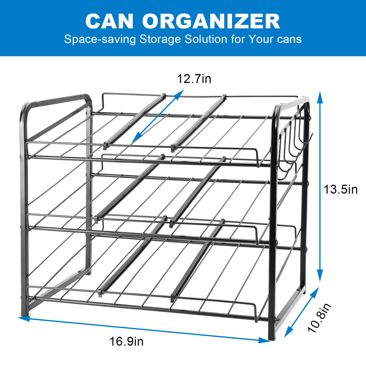 Stackable Can Rack Organizer, 3-Tier Carbon Steel Shelf – Holds Up to 36 Cans W/6 Hooks, 17" W x 11" D x 13.6" H – Pantry Cabinet Food Storage Dispenser,Black