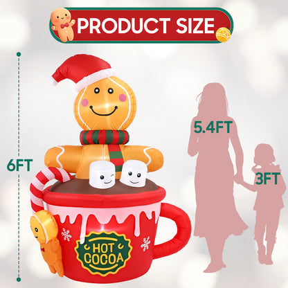 6 FT Christmas Inflatables Outdoor Decorations, Cute Christmas Blow Up Yard Decorations Gingerbread Man in Hot Cocoa Mug Scene for Garden Lawn Xmas Decor