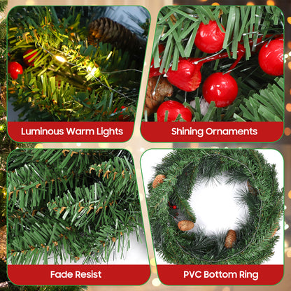 24 Inch Pre-Lit Artificial Christmas Wreath, Green, Crestwood Spruce, White Lights, Decorated with Pine Cones, Berry Clusters, Frosted Branches, Christmas Collection