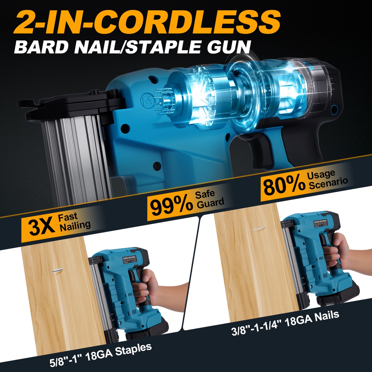 Cordless Brushless Nail Gun,18 Gauge 2 in 1 Brad Nailer/Staple Gun, 2pcs 20V Battery & Charger, 1000 Nails & 1000 Staples Included