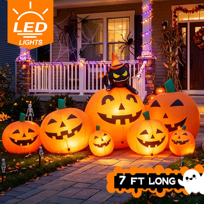 7 FT Long Halloween Inflatables Pumpkin Outdoor Decorations, 7 Pumpkins Outside Decoration with Witch's Cat with Build-in LEDs Blow Up Inflatables for Party Yard Lawn Garden Decor