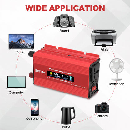 500 Watts Pure Sine Wave Power Inverter for Vehicles, Converter DC 12v to AC 110V Car Inverter with USB Port and LCD Screen