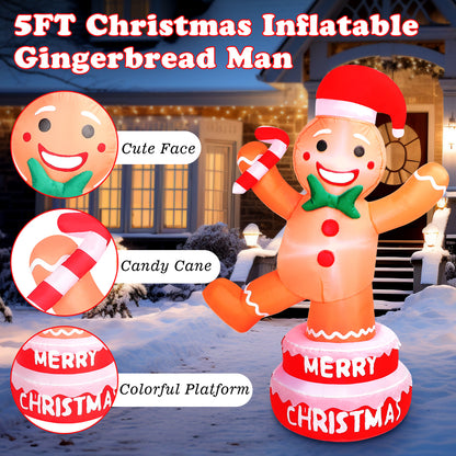 5 FT Christmas Inflatable Outdoor Decorations Gingerbread Man with Cane Candy, Lovable Blow up Gingerbread with Xmas Hat, Built-in LED Lights for Yard Garden Lawn Indoor Home Holiday Decor