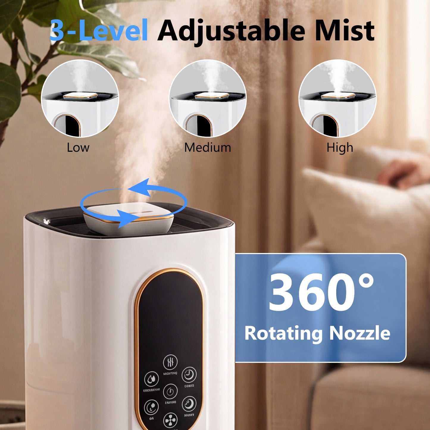 Humidifiers for Bedroom 1000 sqft, 2.4Gal/9L Humidifier Large Room Warm & Cool Mist,with 360°Nozzle & Essential Oil Diffuser, Top Fill Large Room Humidifiers for Home Office Plants, White