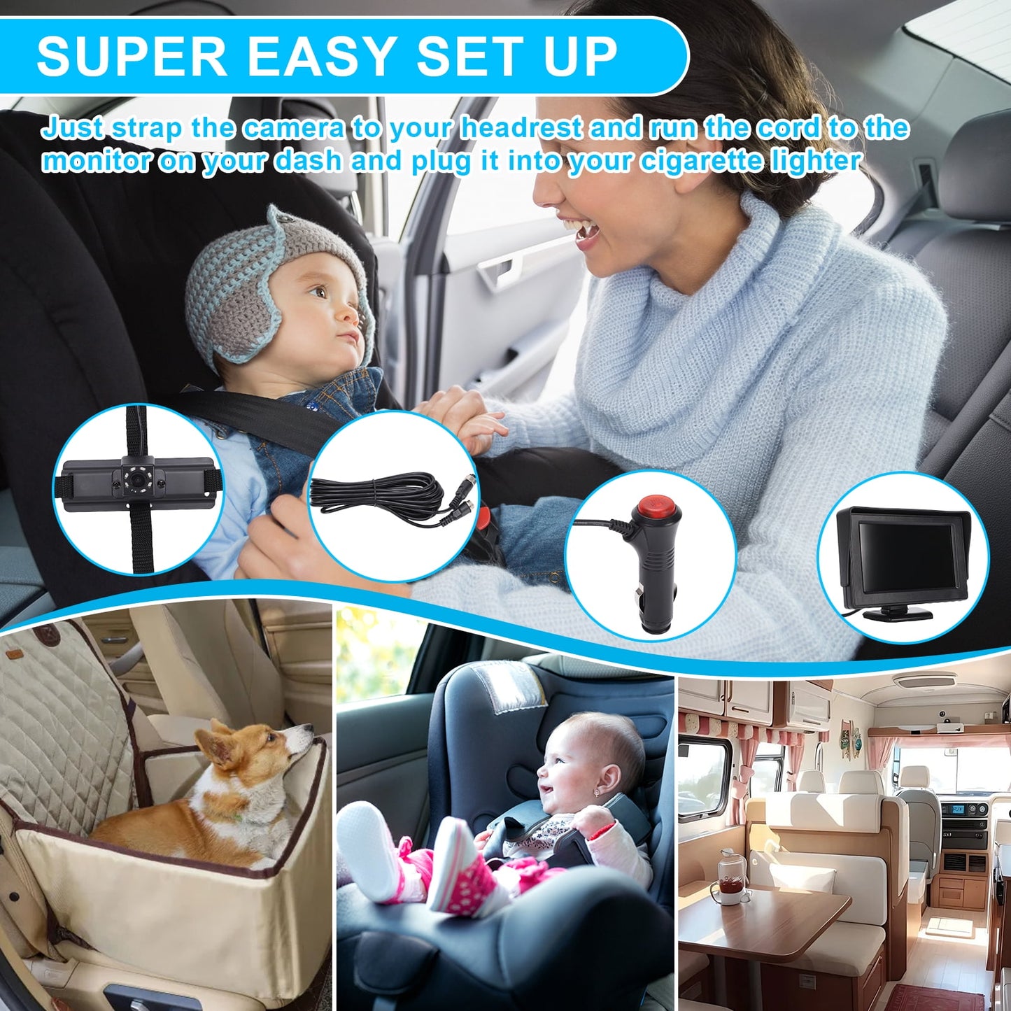 Baby Car Camera HD 1080P Night Vision Adjustable 180° Wide View Angle Rear Facing Baby Car Monitor for Car Backseat