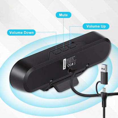 Computer Speakers for Desktop Monitor, Stereo USB Powered Speaker Bar, Deep Bass Soundbar for PC, Laptop Speaker w/ Loud Sound, Volume Control Easily Clamps to Monitors, Included USB C Adapter, Black