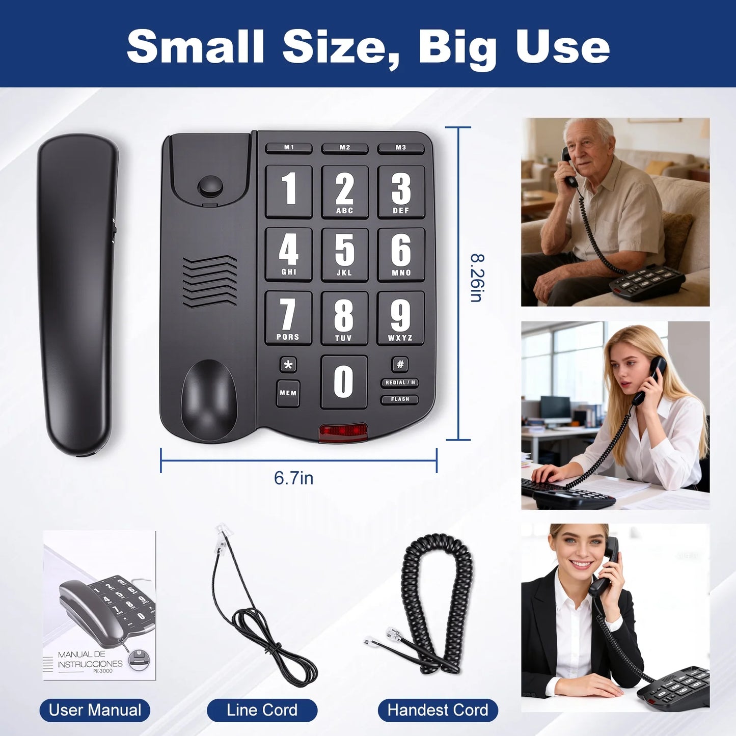 Big Button Phone for Seniors, Corded Landline Telephone for Elderly w/ Visually Disorders/Hearing Damage, Adjustable Volume Large Key Wired Telephone, One-Touch Dialling, Extra Loud Ringer, Black
