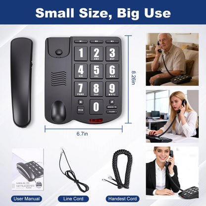Big Button Phone for Seniors, Corded Landline Telephone for Elderly w/ Visually Disorders/Hearing Damage, Adjustable Volume Large Key Wired Telephone, One-Touch Dialling, Extra Loud Ringer, Black