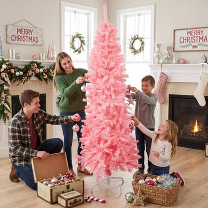 6ft Pink Artificial Pencil Christmas Tree, Unlit Slim Xmas Tree with 660 PVC Tips & Foldable Metal Stand, Full Shape, Easy to Assemble for Home Office Party Holiday Display Decoration