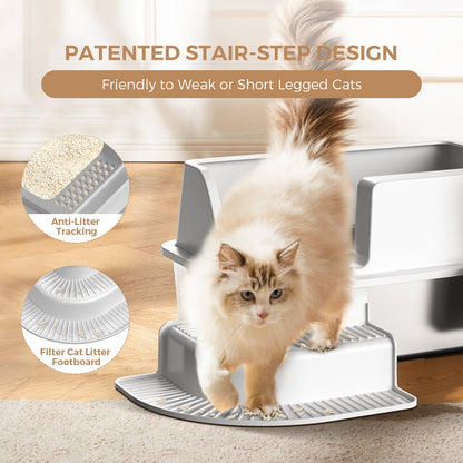 LHCER Enclosed Stainless Steel Cat Litter Box Extra Large Litter Box for Big Cats, High Side Enclosure Metal Litter Pan Tray with Scoop, Anti-Leakage, Easy Cleaning