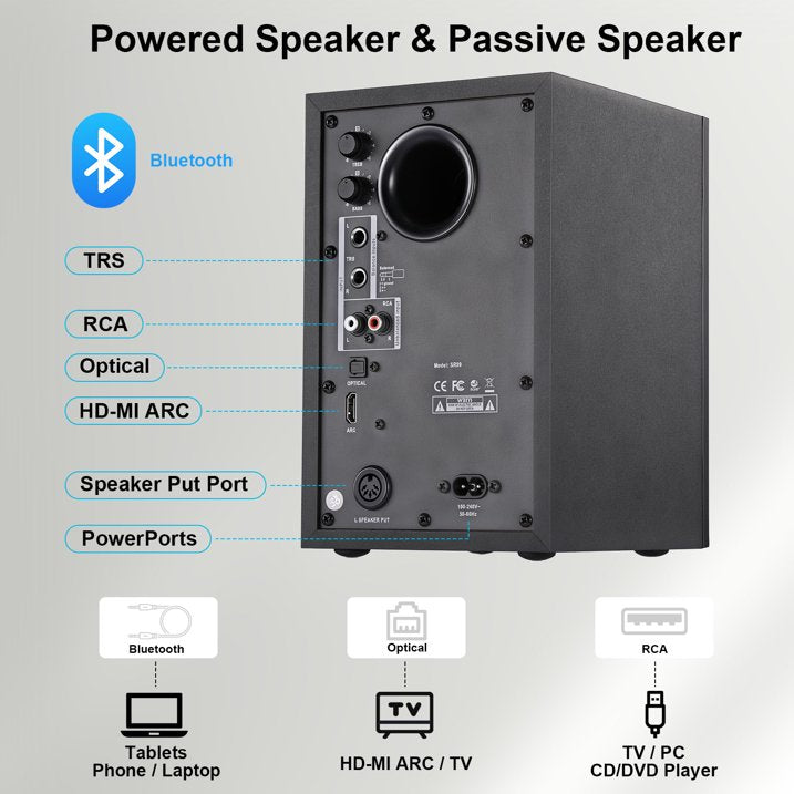 80W Powered Bookshelf Speakers, Bluetooth 5.3 Active Computer Speakers with 1" Silk Dome Tweeters & 4" Woofers, ARC/AUX/Optical/USB, Adjustable Bass & Treble, Wood Finish for TV PC Gaming Turntable
