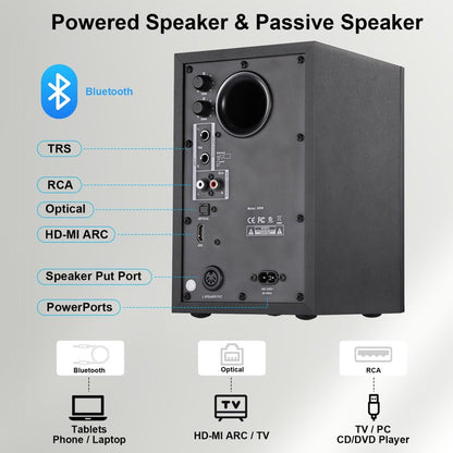 80W Powered Bookshelf Speakers, Bluetooth 5.3 Active Computer Speakers with 1" Silk Dome Tweeters & 4" Woofers, ARC/AUX/Optical/USB, Adjustable Bass & Treble, Wood Finish for TV PC Gaming Turntable