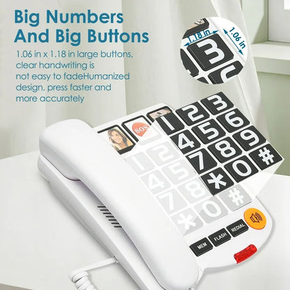 Big Button Phone for Seniors, Corded Landline Telephone with Handsfree, One-Touch Dialling, Large Key Adjustable Volume Wired Phone for Visually/Hearing Impaired, Extra Loud Ringer, White