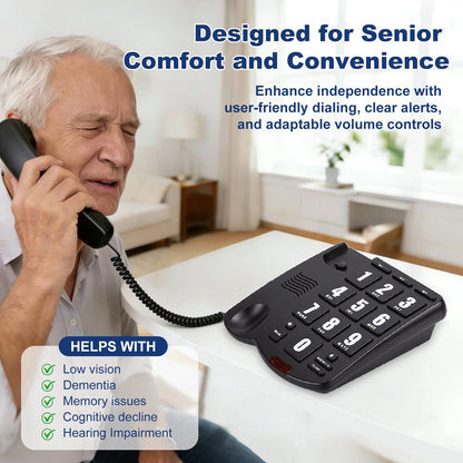 Big Button Phone for Seniors, Corded Landline Telephone for Elderly w/ Visually Disorders/Hearing Damage, Adjustable Volume Large Key Wired Telephone, One-Touch Dialling, Extra Loud Ringer, Black