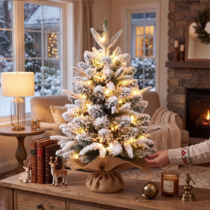 2ft Pre-lit Mini Christmas Snow Flocked Tree, Tabletop Artificial Christmas Tree with LED Lights, Small DIY Decor Xmas Pine Tree with Cloth Bag Base for Indoor Outdoor Home Dining Table Decorations