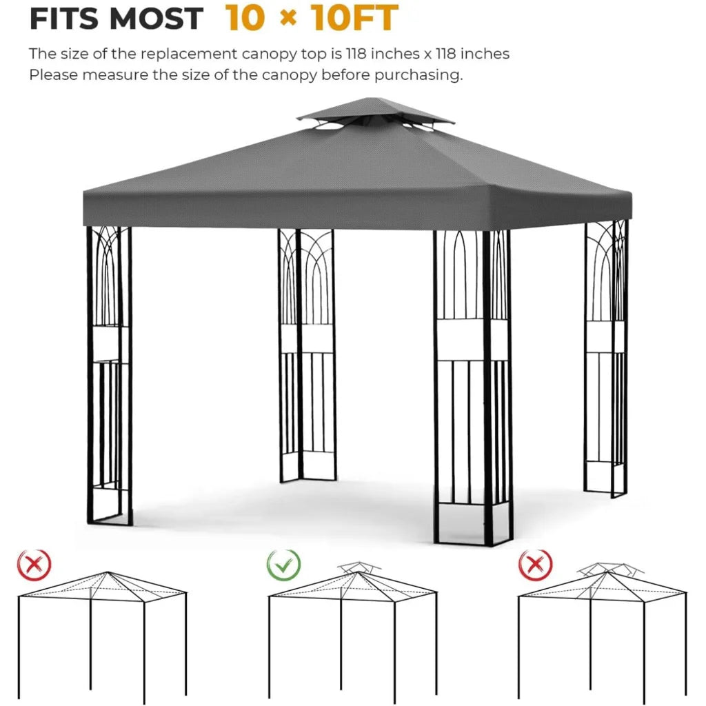 2 Tier Replacement Gazebo Canopy Top Patio 10'x10' PU Water Resistance Gazebo Canopy Replacement Top Cover, Gray