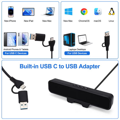 Computer Speakers with Microphone for Desktop PC, USB Monitor Speakers with Clip, Wired Laptop Sound Bar, Stereo & Bass, PC Speaker w/Mic for Meeting/Gaming/Online Learning, Easily Clamps to Monitor