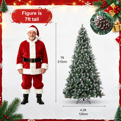 7ft Artificial Xmas Tree Realistic Fire Proof PVC Snow Flocked Xmas Tree with Pinecones String Lights Dense Branches for Home Holiday Decor