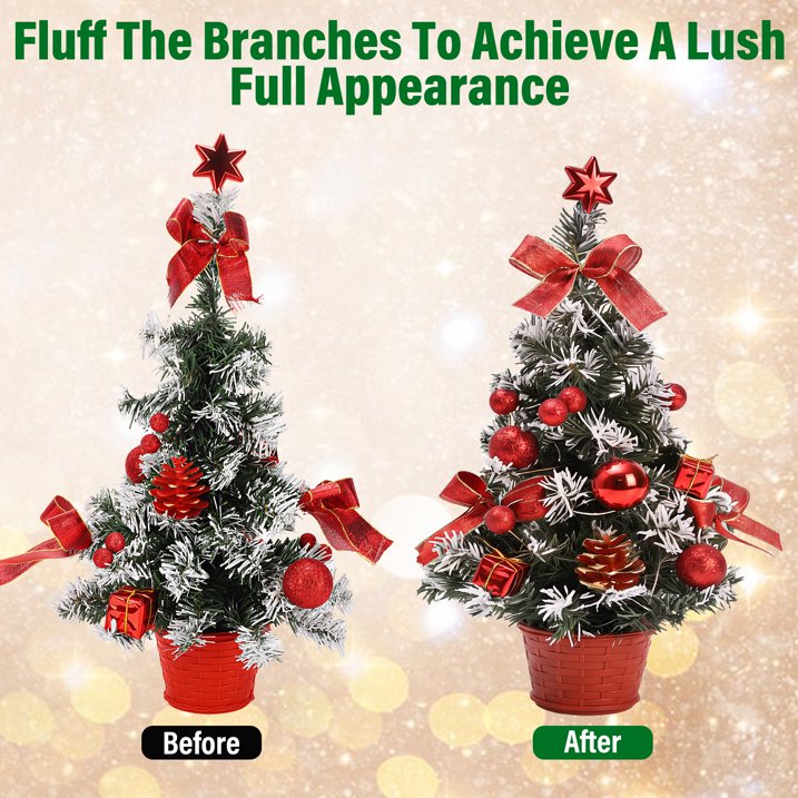 3 Pack Pre-lit Mini Christmas Tree, 16inch Snowy Flocked Tabletop Small Artificial Christmas Tree with 30 LED Lights, Berries Ball Ornaments, Perfect for Home Kitchen Desk Holiday Xmas Decorations
