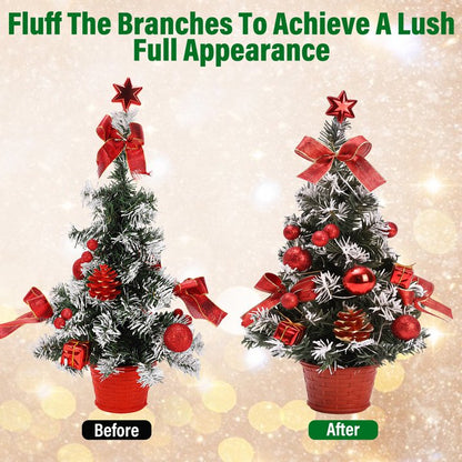 3 Pack Pre-lit Mini Christmas Tree, 16inch Snowy Flocked Tabletop Small Artificial Christmas Tree with 30 LED Lights, Berries Ball Ornaments, Perfect for Home Kitchen Desk Holiday Xmas Decorations