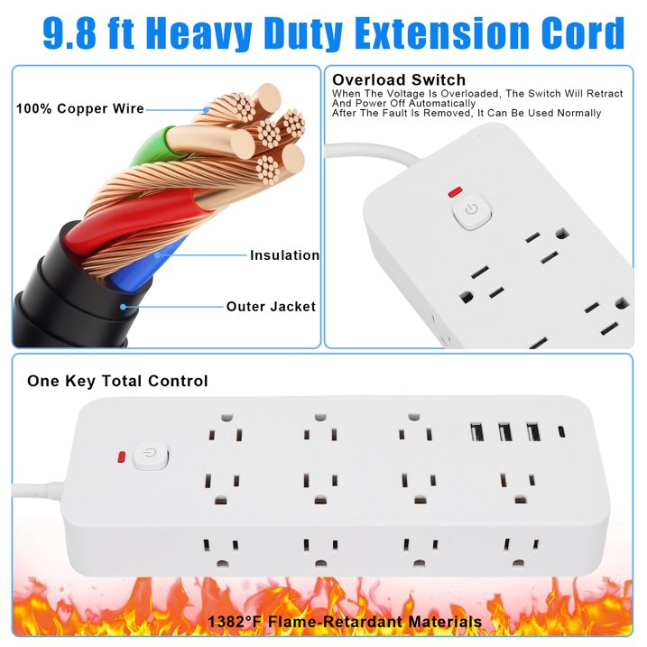 Power Strip Surge Protector (1875W), 14 Outlets w/ 3 USB A & 1 USB C Port, 9.8ft Long Flat Plug Extension Cord w/ Overload Protection, Wall Mount, Desktop Charging Station for Home Office Dorm, White