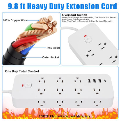 Power Strip Surge Protector (1875W), 14 Outlets w/ 3 USB A & 1 USB C Port, 9.8ft Long Flat Plug Extension Cord w/ Overload Protection, Wall Mount, Desktop Charging Station for Home Office Dorm, White