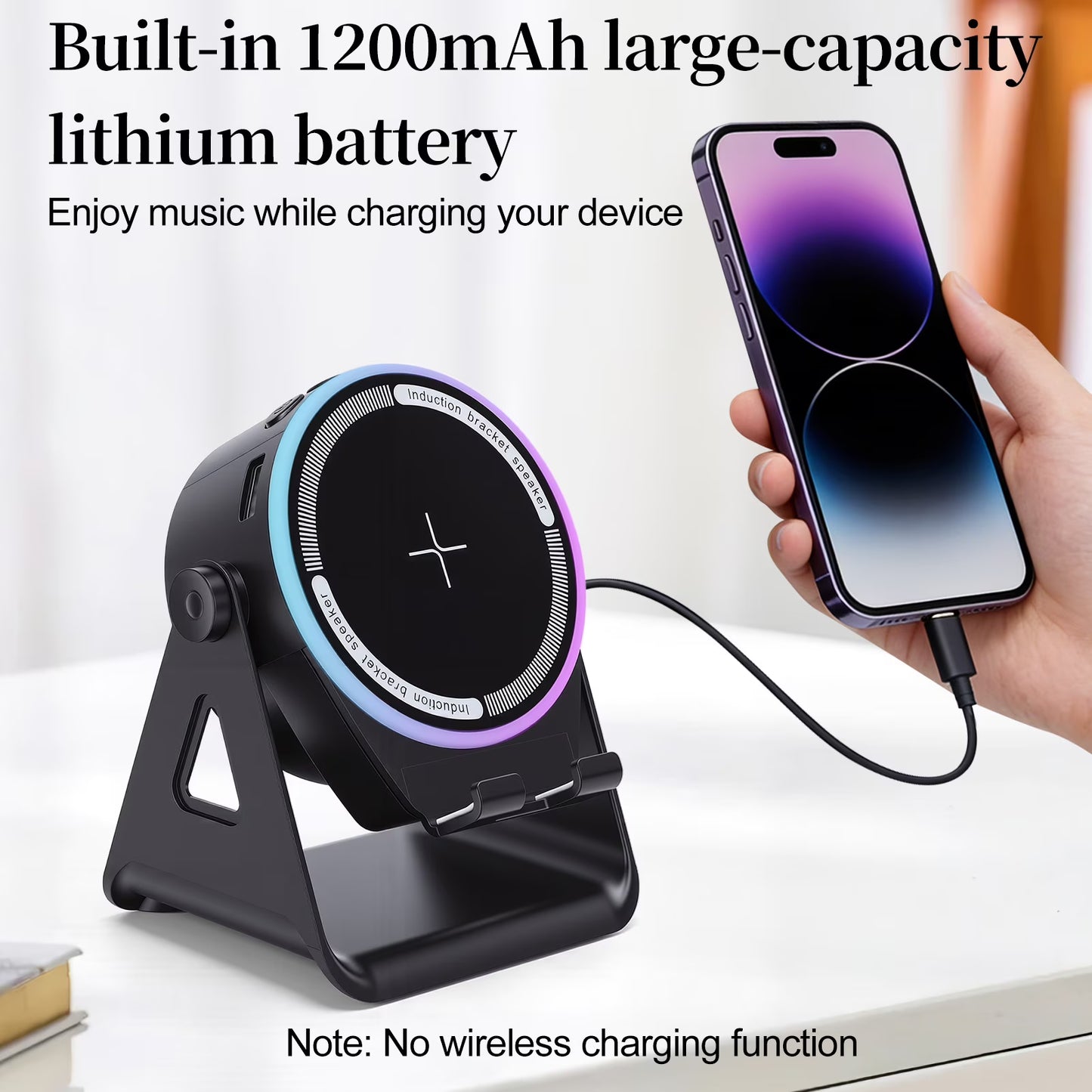 Wireless Induction Speaker 5-in-1 Bluetooth Speaker with Phone Stand, Stereo Sound, 7 RGB Ambient Light, 360° Adjustable Holder for iPhone/Android/iPad, Gifts for Men Women (Black)