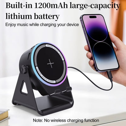 Wireless Induction Speaker 5-in-1 Bluetooth Speaker with Phone Stand, Stereo Sound, 7 RGB Ambient Light, 360° Adjustable Holder for iPhone/Android/iPad, Gifts for Men Women (Black)