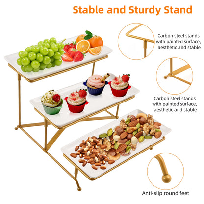 3 Tier Serving Trays for Party,12 Inch Porcelain White Tiered Tray Stand, Fruit Tray, Trays for Serving Food, White Dessert Stand with Collapsible Sturdier Gold Metal Rack