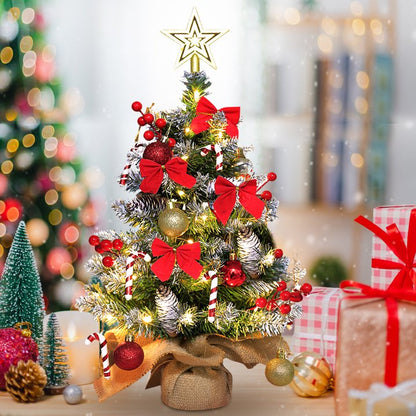 24 inch Tabletop Christmas Tree, 2ft Pre-Lit Christmas Tree w/ Star Treetop, Mini Xmas Small potted Tree w/ LED String Lights, Branch Tips DIY Ornaments, Pine Cones, Balls for Table Indoor Home, Red