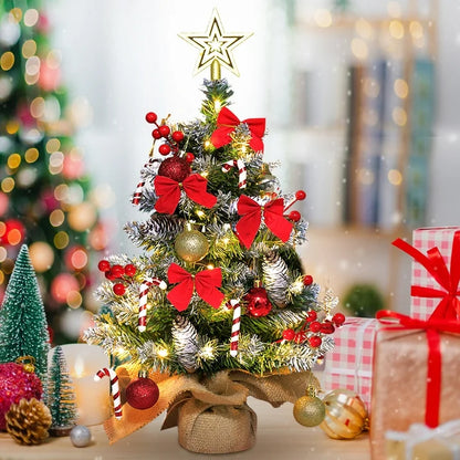 24 inch Tabletop Christmas Tree with LED String Lights Mini Christmas Tree with Frosted Branch Tips DIY Ornaments, 2ft Xmas Small Cedar Tree with Pine Cones/Christmas Balls for Table Indoor Home, Red