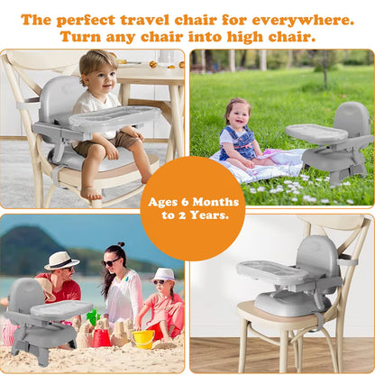 Baby Portable Booster Seat Adjustable Folding Baby Feeding Seat Toddler Chair for for Children up to 33 lbs, Gray