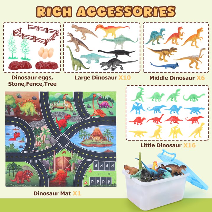 Jurassic Dinosaur Toys for Kids 3-7, 55 PCS Realistic Plastic Dinosaur Figure Toy Set with Jumbo Play Mat/Storage Box & 36 Dinos, Educational Dinos Figure Playset Ideal Gift for Toddlers Boys Girls