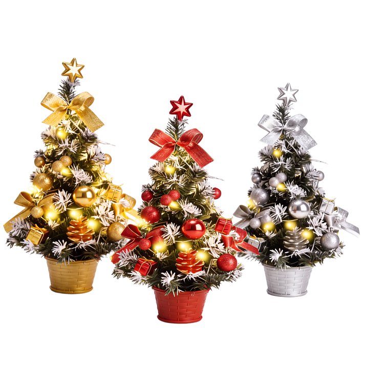 3 Pack Pre-lit Mini Christmas Tree, 16inch Snowy Flocked Tabletop Small Artificial Christmas Tree with 30 LED Lights, Berries Ball Ornaments, Perfect for Home Kitchen Desk Holiday Xmas Decorations