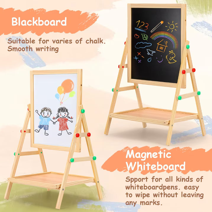 Painting Wooden Art Easel for Kids, 2-in-1 Double-Sided Drawing Board, Chalkboard & Dry Whiteboard with Markers, Eraser, Magnetic Letters/Numbers, Standing Easel Set for Xmas Birthday Holiday Gifts