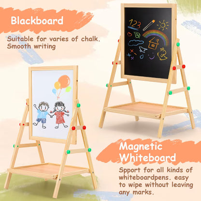 Painting Wooden Art Easel for Kids, 2-in-1 Double-Sided Drawing Board, Chalkboard & Dry Whiteboard with Markers, Eraser, Magnetic Letters/Numbers, Standing Easel Set for Xmas Birthday Holiday Gifts