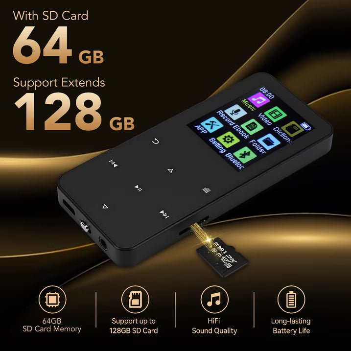 64GB MP3 Player with Bluetooth, Portable Music Player with Built-in HD Speaker, Voice Recorder, HiFi Sound, Photo Viewer, E-Book, Supports Expanded Up to 128GB, Black