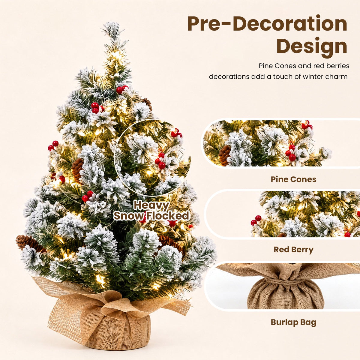 20 inch Prelit Snow Flocked Christmas Tree with Light, Small Artificial Tabletop Xmas Trees with Red Berries, Pinecones and Cloth Bag Base, Indoor Table Centerpieces Xmas Home Holiday Decorations