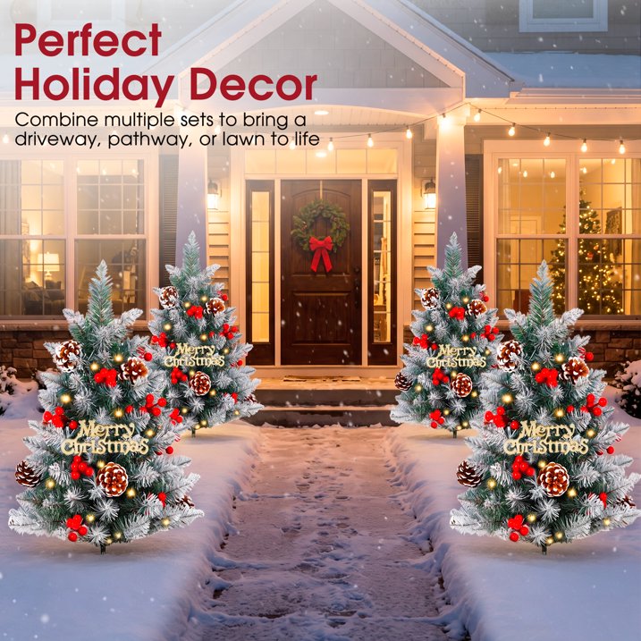 Set of 2 Pathway Christmas Tree Urn Filler, Pre-lit Artificial Small Xmas Tree with Cones & Red Berries, 60 Warm Lights Outdoor Christmas Porch Decorations for Gardens, Porch & Yard
