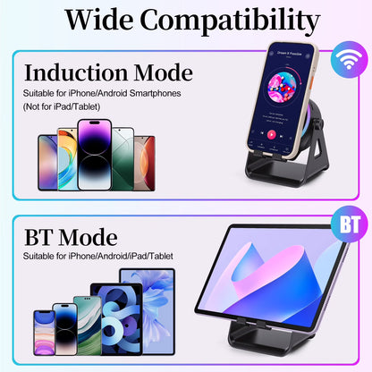 Wireless Induction Speaker 5-in-1 Bluetooth Speaker with Phone Stand, Stereo Sound, 7 RGB Ambient Light, 360° Adjustable Holder for iPhone/Android/iPad, Gifts for Men Women (Black)