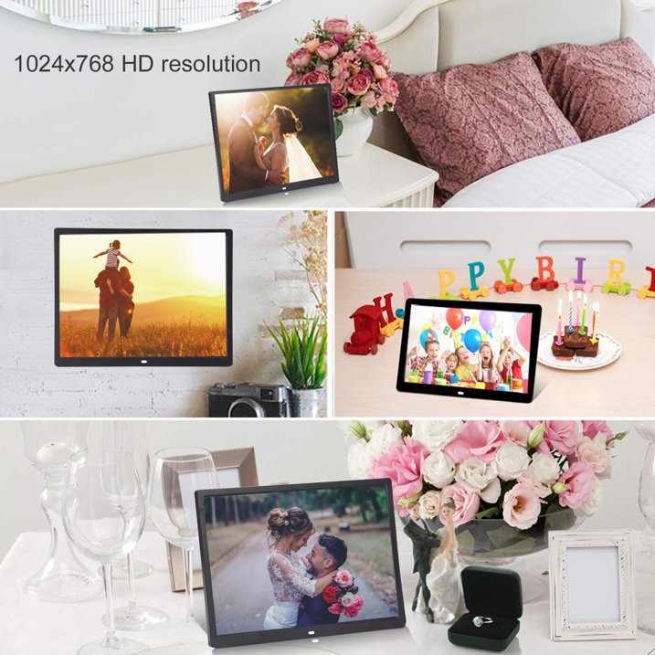 15" Digital Picture Frame with HD IPS Screen Digital Photo Frame Supports up to 16GB Storage Cards, Auto-Rotate, Tabletop & Wall-Mounted Digital Frame Supports Share Photos Video, Black