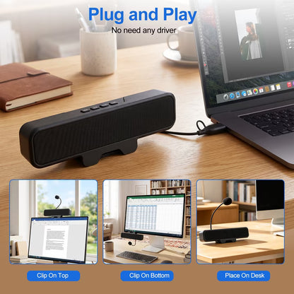 Computer Speakers with Microphone for Desktop PC, USB Monitor Speakers with Clip, Wired Laptop Sound Bar, Stereo & Bass, PC Speaker w/Mic for Meeting/Gaming/Online Learning, Easily Clamps to Monitor
