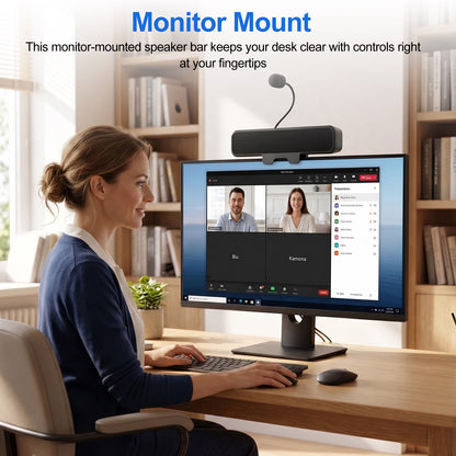 Computer Speakers with Microphone for Desktop PC, USB Monitor Speakers with Clip, Wired Laptop Sound Bar, Stereo & Bass, PC Speaker w/Mic for Meeting/Gaming/Online Learning, Easily Clamps to Monitor